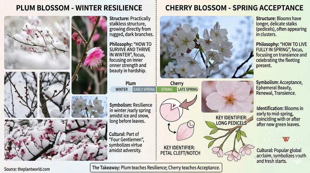 Complete comparison infographic between plum blossom and cherry blossom, detailing differences in winter resilience, spring acceptance, stalk structures, and notched petals.