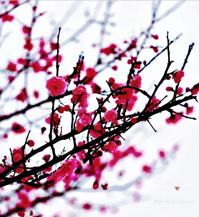 Vibrant red plum blossoms branches in full bloom against a high-contrast bright winter sky background.