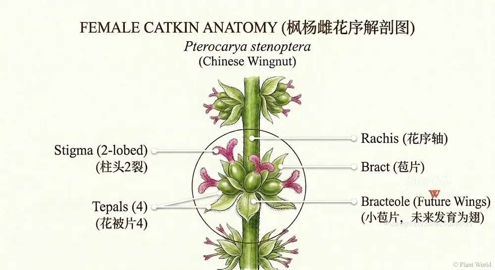 Pterocarya stenoptera Female Catkin Anatomy A botanical illustration of the female catkin of Pterocarya stenoptera (Chinese Wingnut) with English and Chinese labels pointing to the rachis, 2-lobed stigma, 4 tepals, and bracteole (future wings).