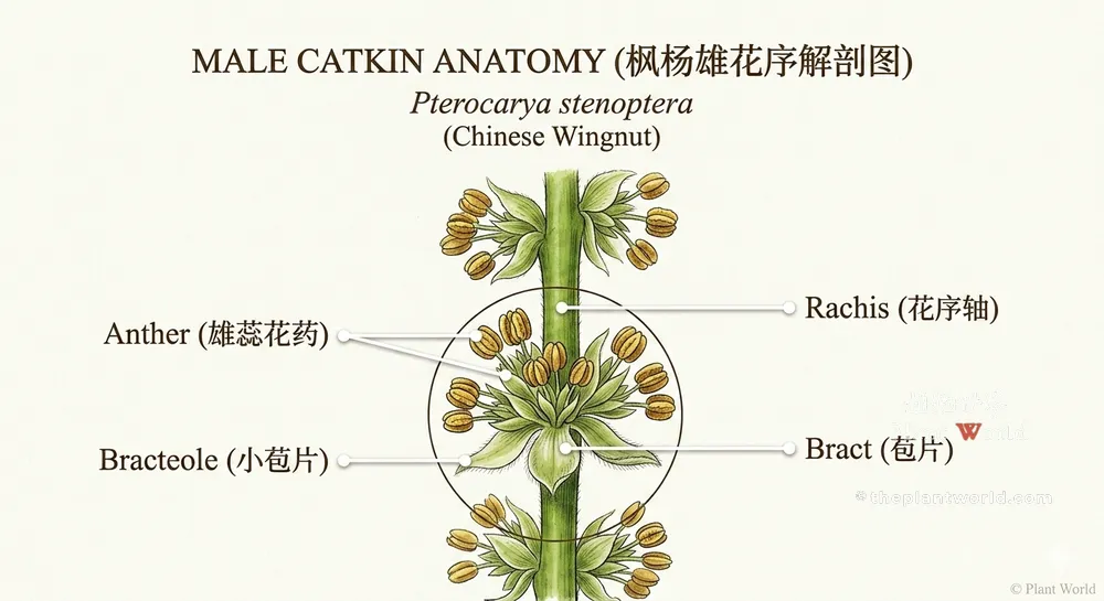 Pterocarya stenoptera Male Catkin Anatomy A botanical illustration of the male catkin of Pterocarya stenoptera (Chinese Wingnut) with English and Chinese labels pointing to the rachis, anther, bract, and bracteole.