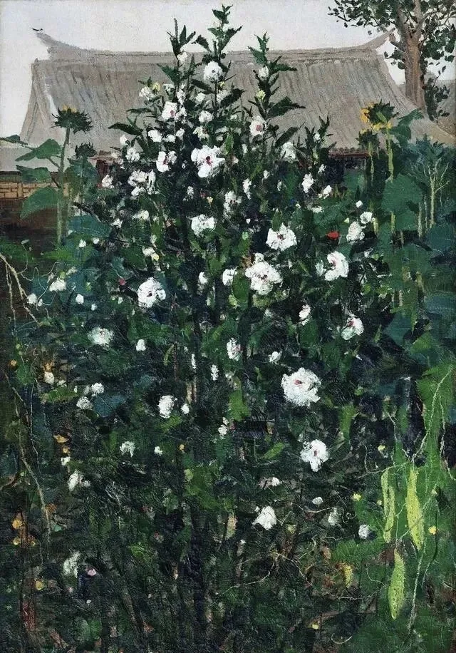 An oil painting titled Hibiscus by master artist Wu Guanzhong, featuring a dense green Hibiscus syriacus bush with vibrant white flowers blooming in front of a traditional Chinese courtyard house.
