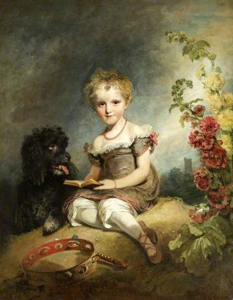 1814 oil portrait by William Owen, depicting young Anne Hoare seated in a garden landscape with a book, black spaniel dog and tambourine. Tall red and yellow hollyhock blooms grow prominently on the right edge of the canvas. The painting belongs to the National Trust collection at Stourhead, Wiltshire.