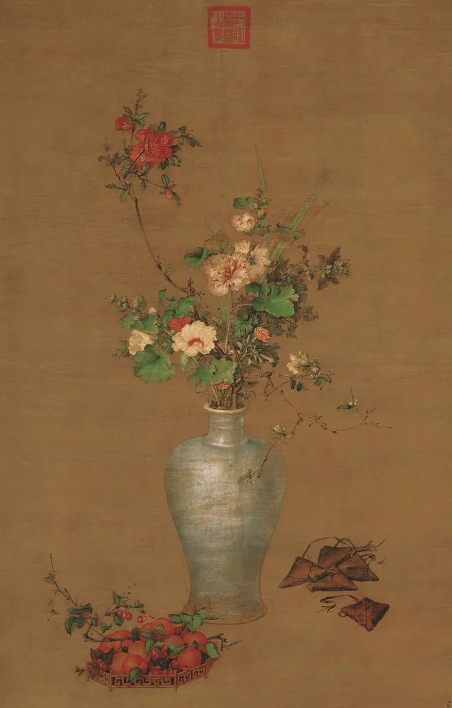 Chinese Qing Dynasty silk painting Midday Auspiciousness (Wu Rui Tu) by Giuseppe Castiglione. A silver vase holds seasonal blooms including hollyhock, known as Duanwu Flower or Dragon Boat Festival Flower. The artwork displays classic Dragon Boat Festival offerings: rice dumplings and summer fruits.