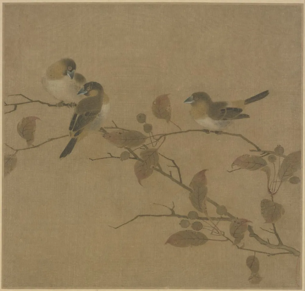A classic Chinese silk painting from the Southern Song Dynasty depicting three small brown and white birds perched on a sparse Chinese tallow tree branch (Triadica sebifera) with autumn leaves turning slightly red at the tips after frost.