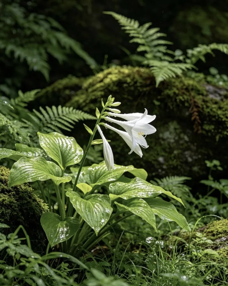 Fragrant plantain lily, Hosta plantaginea, growing beautifully in a shaded garden setting with lush green foliage.