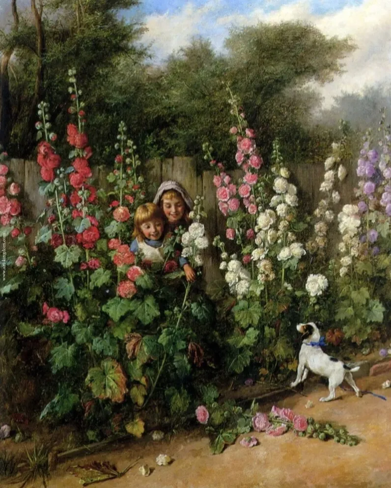 Victorian oil painting, two young girls hide among colourful red, pink and white hollyhock stalks beside a wooden fence, with a small dog nearby. Hollyhock became an iconic cottage garden flower across Europe.