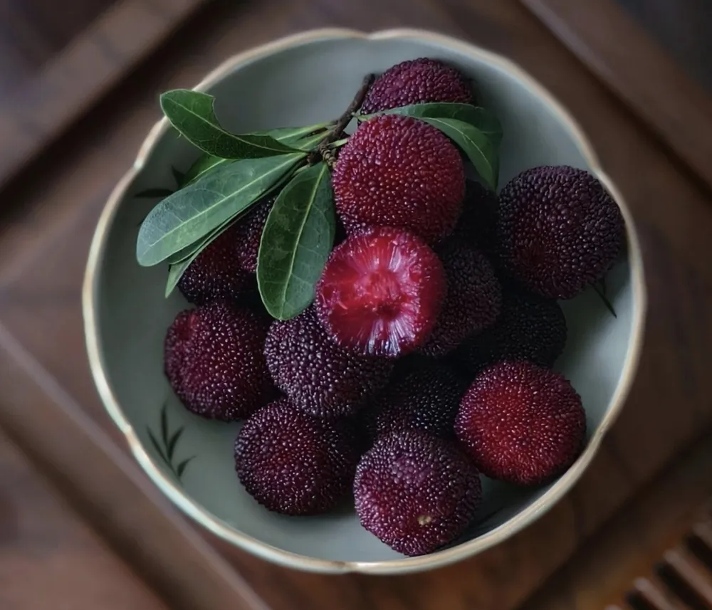 A ceramic bowl filled with dark purple Chinese bayberries, featuring one bitten bayberry in the center showing its vibrant red juicy flesh.