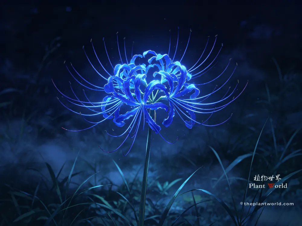 An anime-style AI-generated image of a glowing blue spider lily blooming in the dark night with subtle mist and light particles.