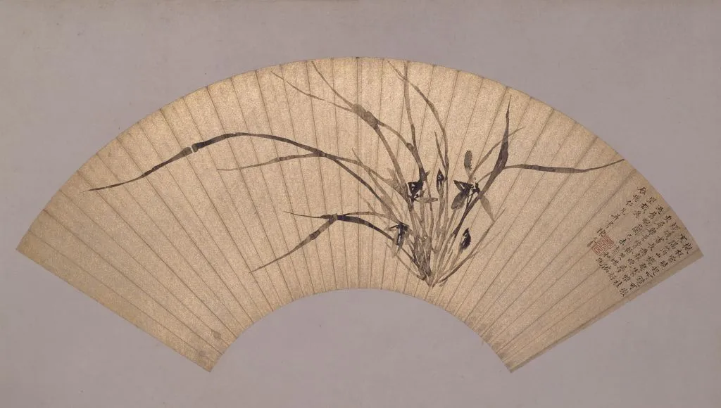Ming dynasty gold-fan ink painting of Chinese orchid by Chen Yuansu, classic literati orchid art with inscribed poem and red seal