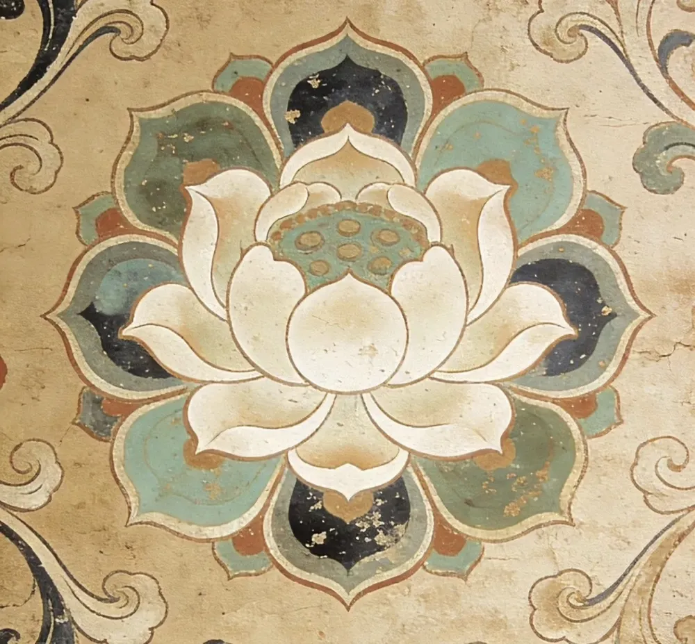 Classic Dunhuang decorative lotus caisson pattern, ancient Chinese mural floral ornament