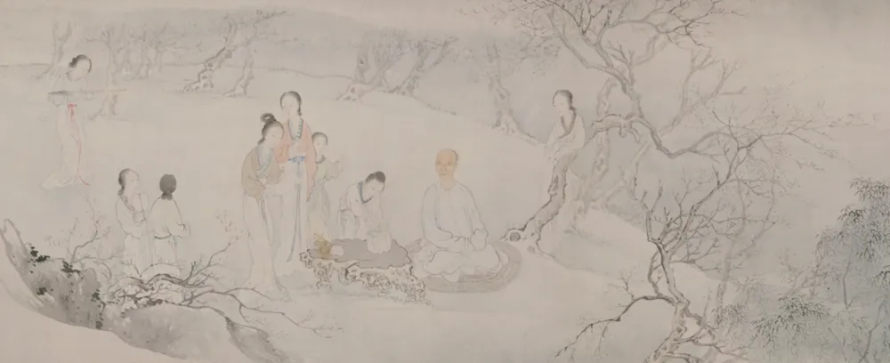 A 1839 Qing dynasty painting by Fei Danxu showing a scholar meditating on a round cattail mat (putuan) in a plum blossom garden.