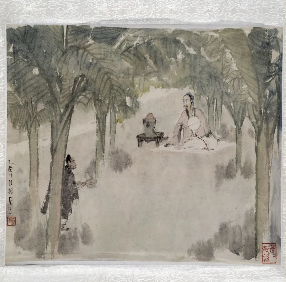 Traditional Chinese painting album‑page by Fu Baoshi: scholar enjoying tea beneath hardy banana (Musa basjoo) grove, ancient literati summer leisure scene.