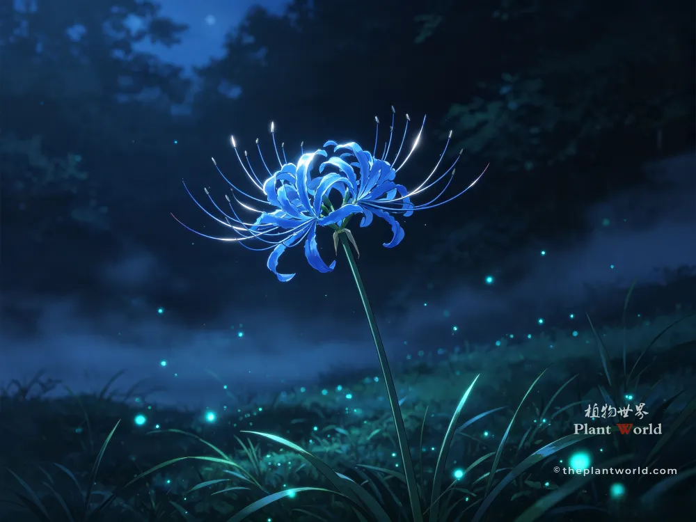 An anime-style AI-generated image of a radiant blue spider lily flower standing in a grassy field surrounded by glowing fireflies at night.