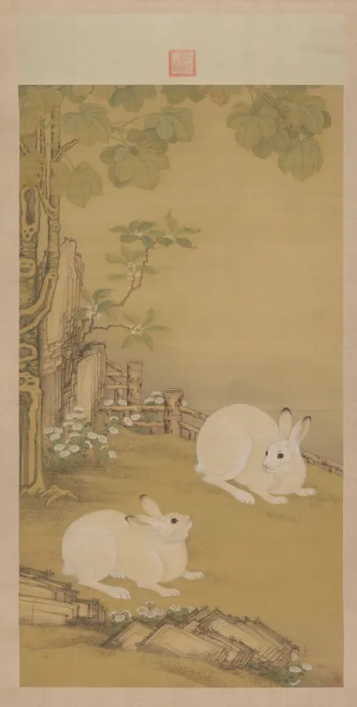 Chinese court painting of two fluffy white rabbits on a grassy slope under a large Chinese Parasol Tree with yellowing autumn leaves and blooming osmanthus.