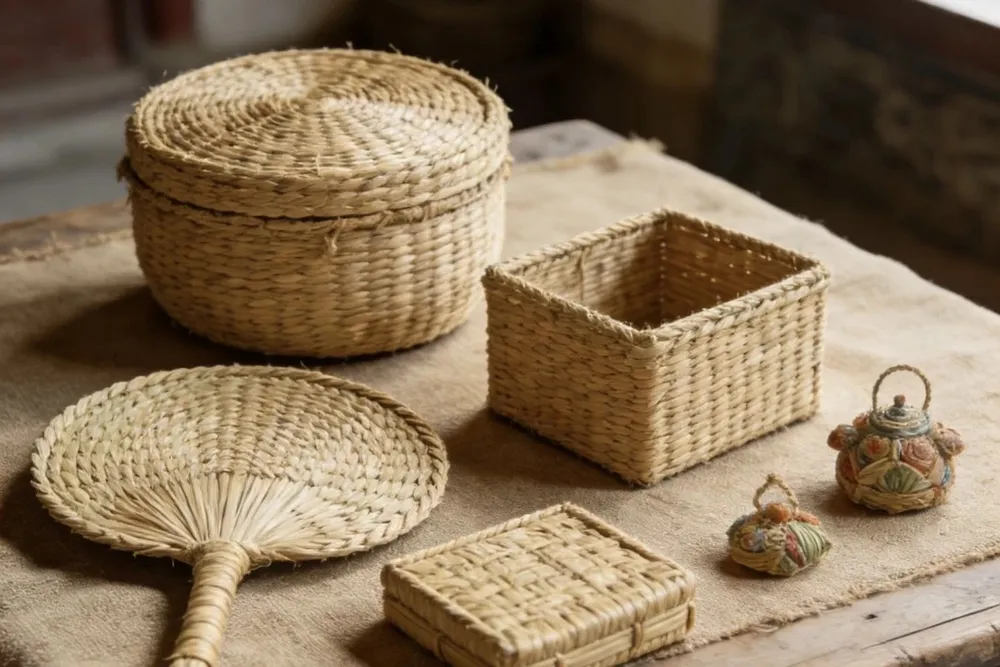 Handwoven items crafted from flexible cattail leaves, including a traditional hand fan, round storage box with lid, rectangular basket, and square coaster arranged on burlap.