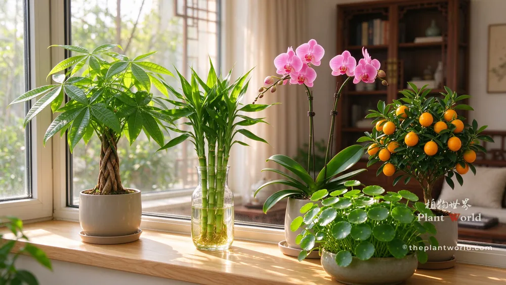 Collection of popular Chinese fortune plants including Money Tree, Lucky Bamboo, Moth Orchid, Coin Grass, and Kumquat arranged on a sunlit windowsill