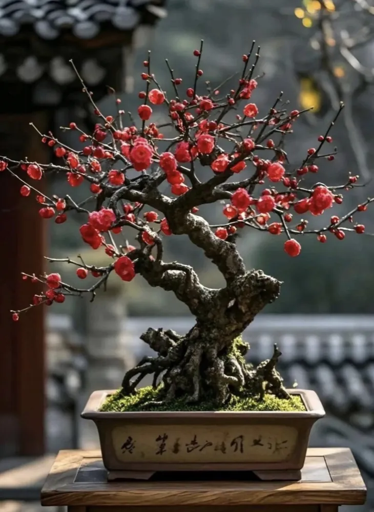 Potted red Plum Blossom bonsai Prunus mume blooming in winter