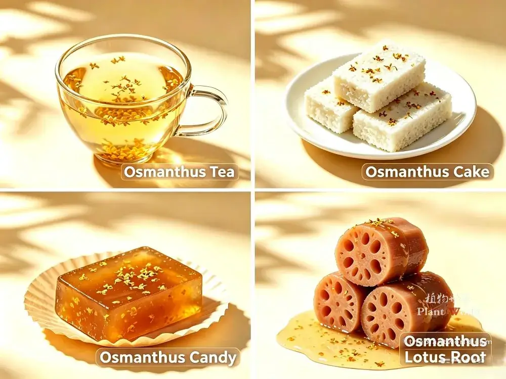 Collage of traditional Chinese osmanthus food: osmanthus tea, osmanthus cake, osmanthus candy and osmanthus lotus root
