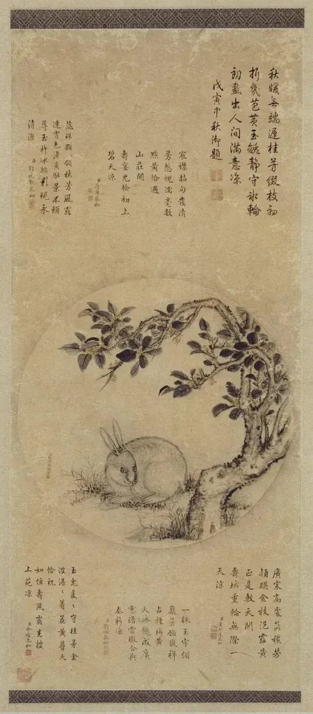 Chinese scroll painting Moon Osmanthus and Jade Rabbit by Jiang Pu, Qing Dynasty, osmanthus tree and rabbit inside full moon