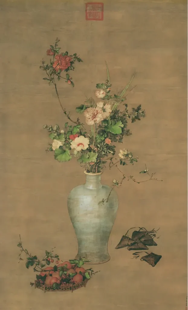 Wu Rui Tu, painting by Lang Shining, Qing dynasty, featuring pomegranate flowers, collected in the Palace Museum Beijing